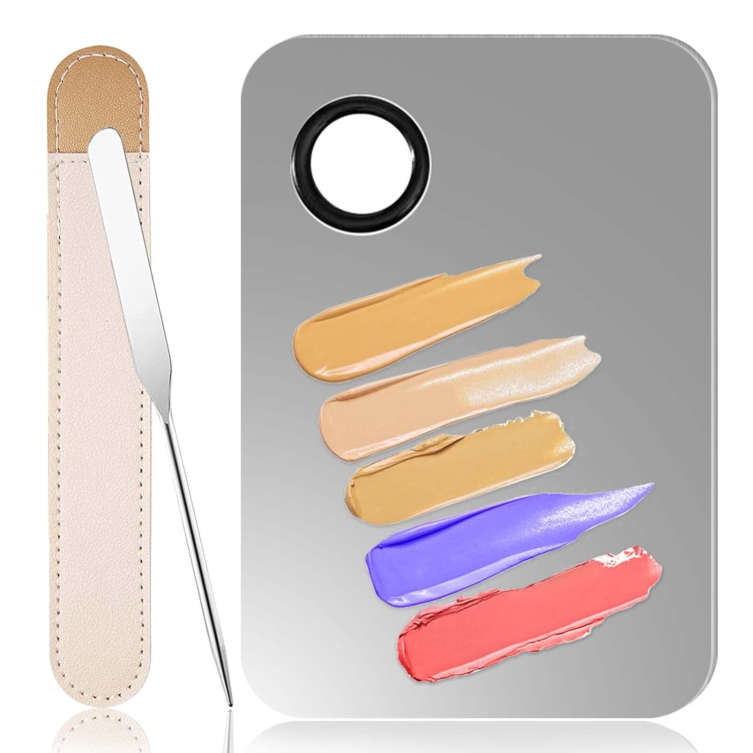 Makeup Spatula and Stainless Steel Palette Set, Including Stainless Steel Makeup Spatula Korean for Professional, Makeup Mixing Palette for Eye Shadow/Eyelash/Nail Art/Foundation, Foundation Palette Spatula Kit