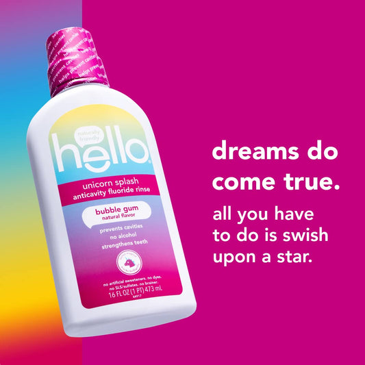 Hello Kids Mouthwash with Unicorn Bubble Gum avor, Alcohol Free Mouthwash for Kids with uoride, Safe for Ages 6 and Up, Anticavity, Vegan, No Alcohol, No Dyes, 3 Pack, 16  Bottles