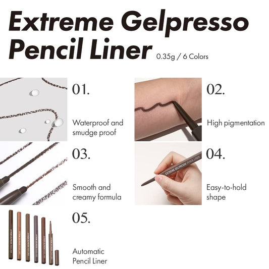CLIO Extreme Gelpresso Pencil Eyeliner, Smudge-Proof, Waterproof, Long-Lasting, Long-Wear, 6 Cool and Warm Tone Shades, Ultra-Smooth, Creamy Formula, Precise Application, Retractable, Versatile Looks (002 DEEP BROWN)