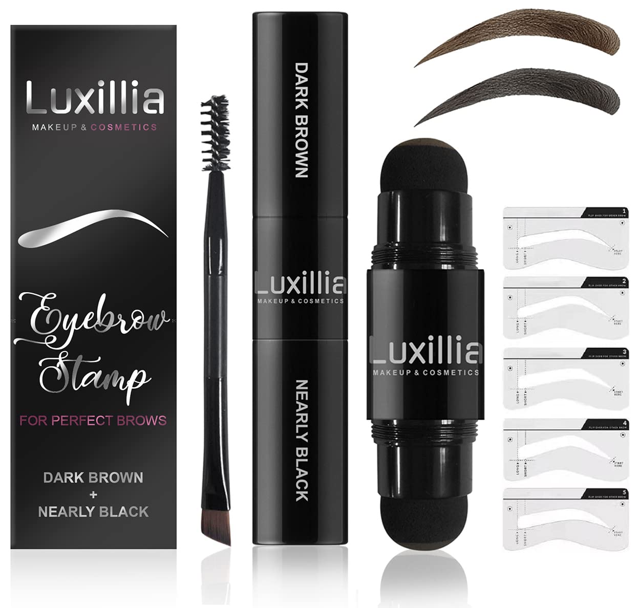 Luxillia Eyebrow Stamp Stencil Kit Dual-Color, Perfect Instant Brows Every Time, Adjustable for all Eyebrow Shapes, Waterproof and Sweatproof, Reusable & Super Easy To Use (DARK BROWN & NEARLY BLACK)