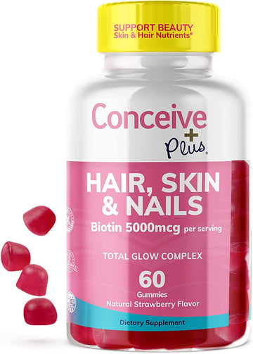 Conceive Plus Hair Skin & Nails Gummies - Extra-Strength Biotin, Vit A, C, D3, E Vitamins - Vegan, Hair Growth Supplemen