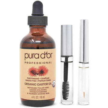 PURA D'OR Organic Castor Oil (4oz + 2 Limited Time BONUS Pre-Filled Eyelash & Eyebrow Brushes) 100% Pure, Cold Pressed,