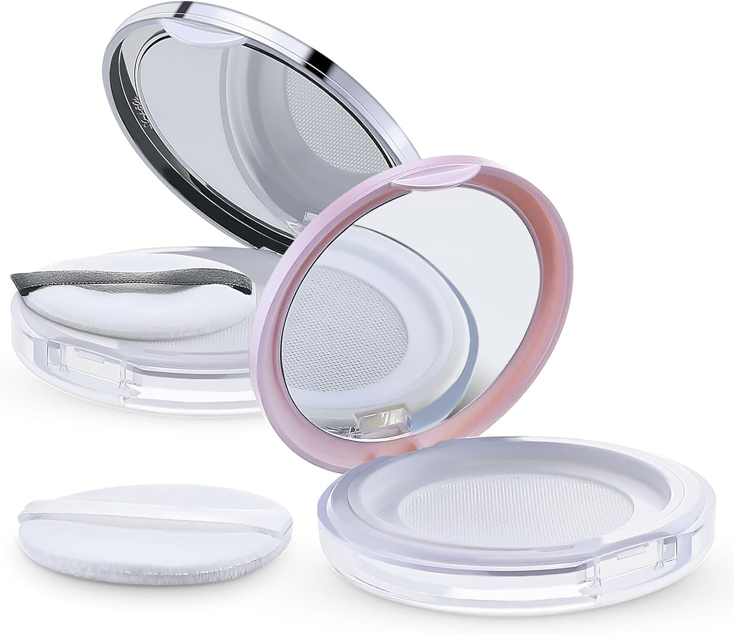 longway Loose Powder Compact Container Empty Portable Plastic DIY Makeup Powder Case, 5g Slim Powder Box with Powder Puff,Mirror and Elasticated Net Sifter (2pcs,pink+sliver)