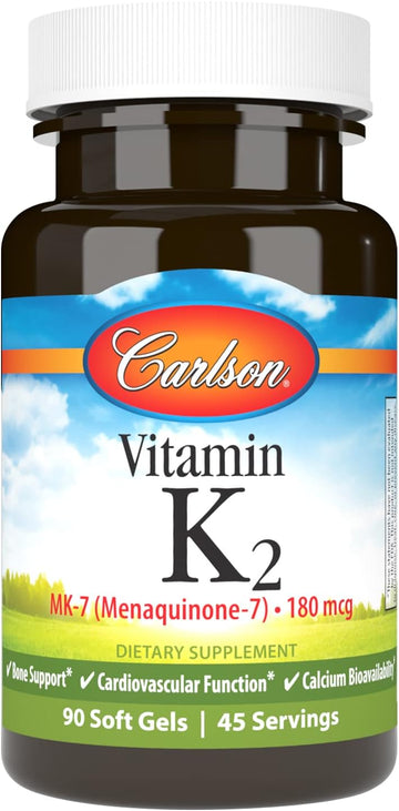 Carlson - Vitamin K2 Mk-7 (Menaquinone), 180 Mcg, Bone Support, Calciu