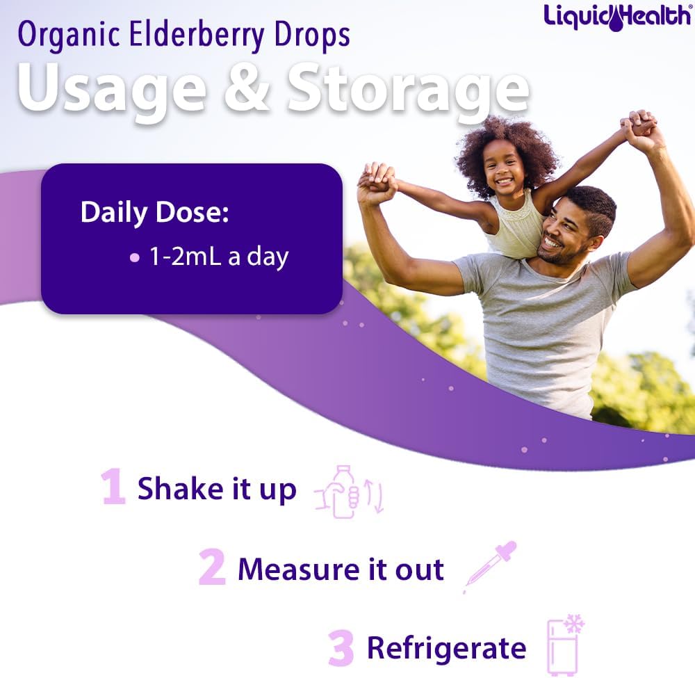LIQUIDHEALTH USDA Organic Elderberry Liquid Drops for Kids and Adults 