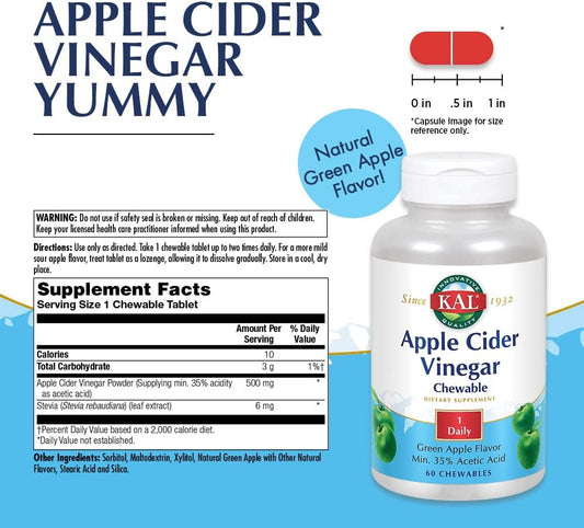 KAL Chewable Tablets, Apple Cider Vinegar, 500 mg, 60 Count