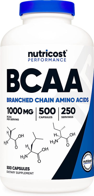Nutricost BCAA 1000mg, 500 Capsules (250 Serv), 2:1:1 Branched Chain Amino Acids (500mg of L-Leucine, 250mg of L-Isoleucine and L-Valine)