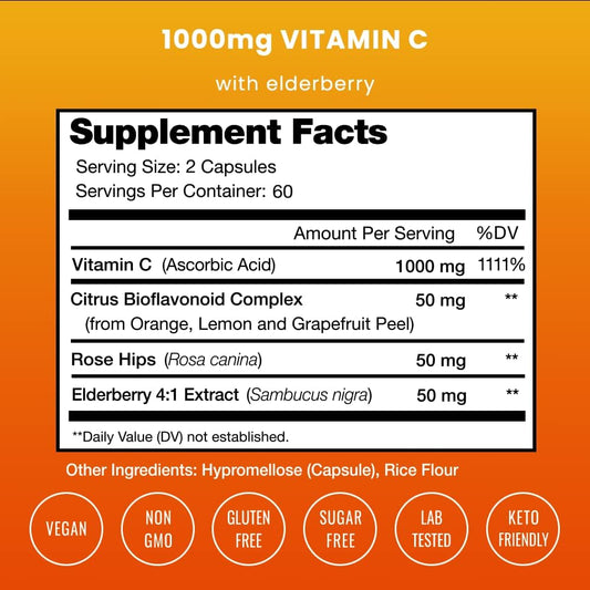 NutraChamps (2 Pack) Vitamin C 1000mg with Elderberry, Citrus Bioflavonoids & Rose Hips - 120 Capsules Vegan, Non-GMO An