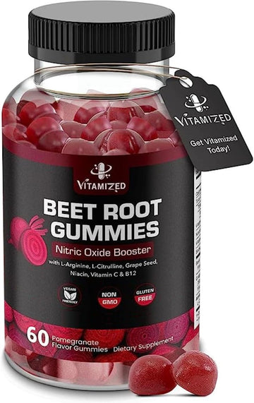 VITAMIZED Potent Beetroot Gummies 1000mg - Nitric Oxide Supplement - Beet Root Chews with Grape Seed & B12- Pomegranate