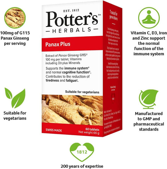 Potter's Herbals Panax Plus | Panax Ginseng G115 | Plus Vitamin D3 | S66 Grams