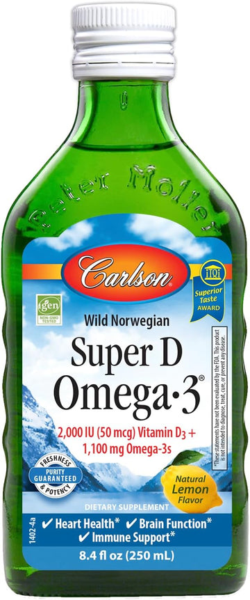 Carlson - Super D Omega-3, Wild-Caught Norwegian Arctic Cod Liver Oil, 2000 IU (50 mcg) Vitamin D3, 1100 mg Omega-3s, Su