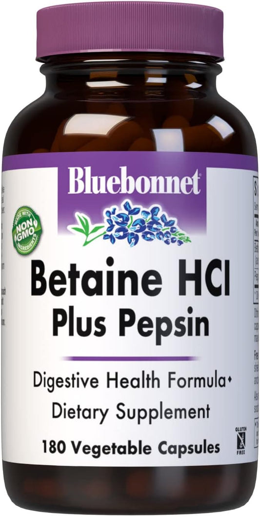 BlueBonnet Betaine HCI Plus Pepsin Vegetarian Capsules, 180 Count(Pack9.6 Ounces