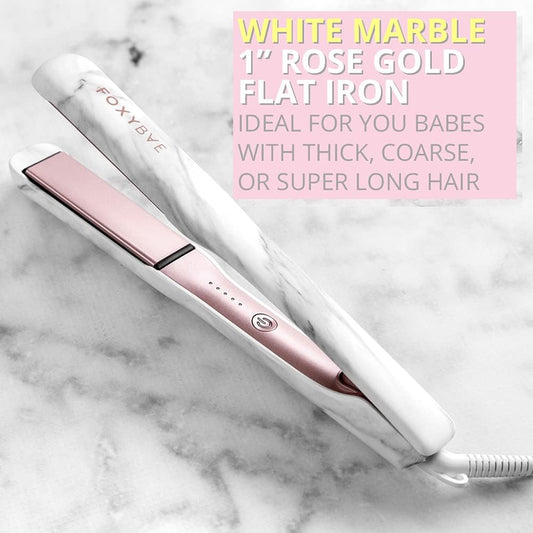 FoxyBae White Marble Rose Gold at Iron - Ceramic Tourmaline Technology - Hair Straightener with Negative Ions - Straightens & Curls Hair - Professional Salon Grade Hair Styling Tool (1")