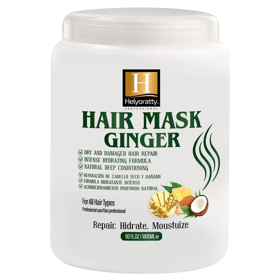 HELYORATTY PROFESSIONAL Salon Treatment - Ginger Oil Deep Conditioner & Hair Mask,tratamiento para el cabello maltratado - dominican hair products Organic,Hair Mask, Anti-Hair Loss Conditioner,60