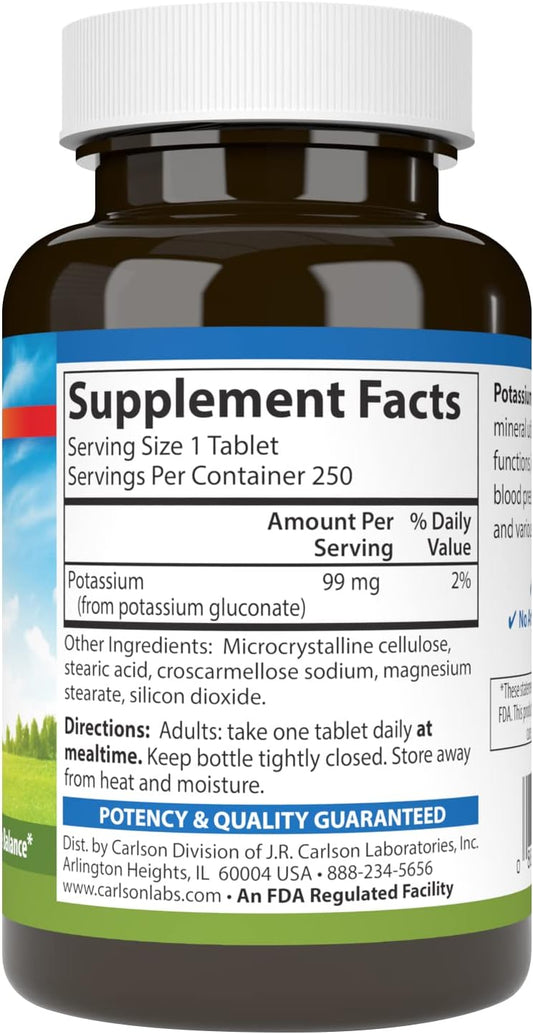 Carlson - Potassium, 99 mg, Promotes Nerve Health & Muscle Function, 250 Tablets