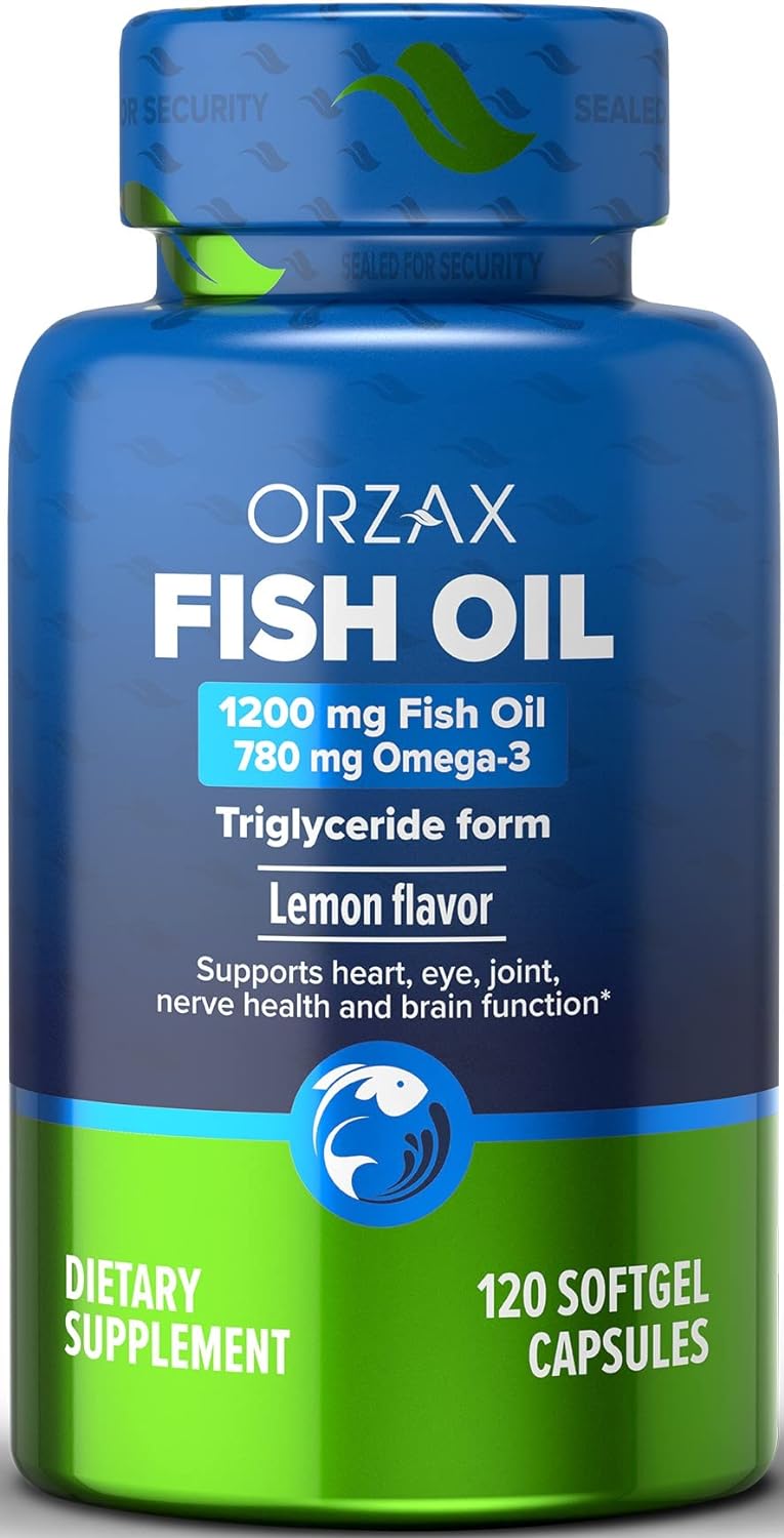 ORZAX Omega 3 Fish Oil 1200 mg - EPA DHA Omega 3 Supplement - Heart, Eye, Joint, and Nerve & Brain Supplement - Lemon Fl