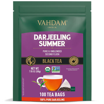VAHDAM, Darjeeling Black Tea Bags (100 Count) Whole Leaf, Pure Unblended, Gluten Free, Non-GMO - Direct from Source in India, Resealable Ziplock Pouch