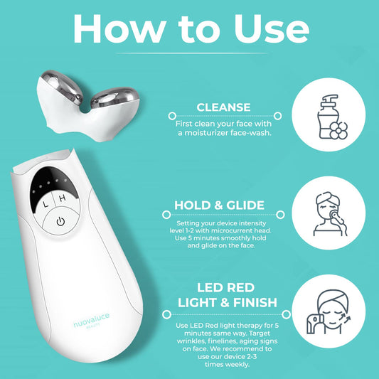 Nuovaluce Beauty 2 in 1 Anti-Aging LED Light Therapy & Microcurrent Facial Device - Wrinkle Eraser & Skin Smoothing Tool - Handheld Skincare Tool for Face Tightening to Lift, Contour & Tone Skin