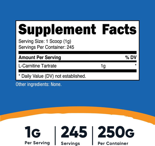 Nutricost L-Carnitine Tartrate Powder (250 Grams) - 1 Gram per Serving, 245 Servings
