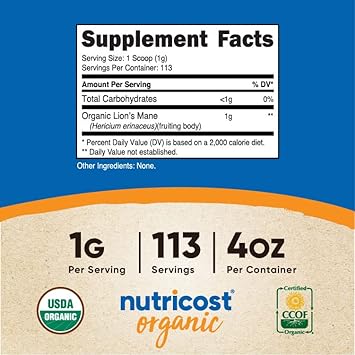 Nutricost Organic Lion's Mane Mushroom Powder 4 - Certified USDA Organic