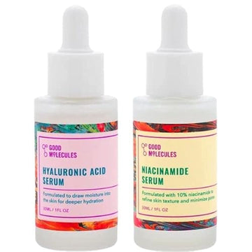 Good Molecules Hyaluronic Acid Serum 1 . and Niacinamide Serum 1 . SET. Brighten, Hydrate and Smooth Skin. Lightweight and Water Based Formula. Vegan and Cruelty Free