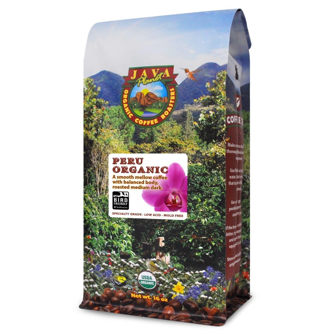 Java Planet Organic, Peru Single Origin Medium Dark Roast, Smooth Full Flavored Organic Coffee Beans, Low Acid, Whole Bean Coffee, Smithsonian Bird Friendly Bag