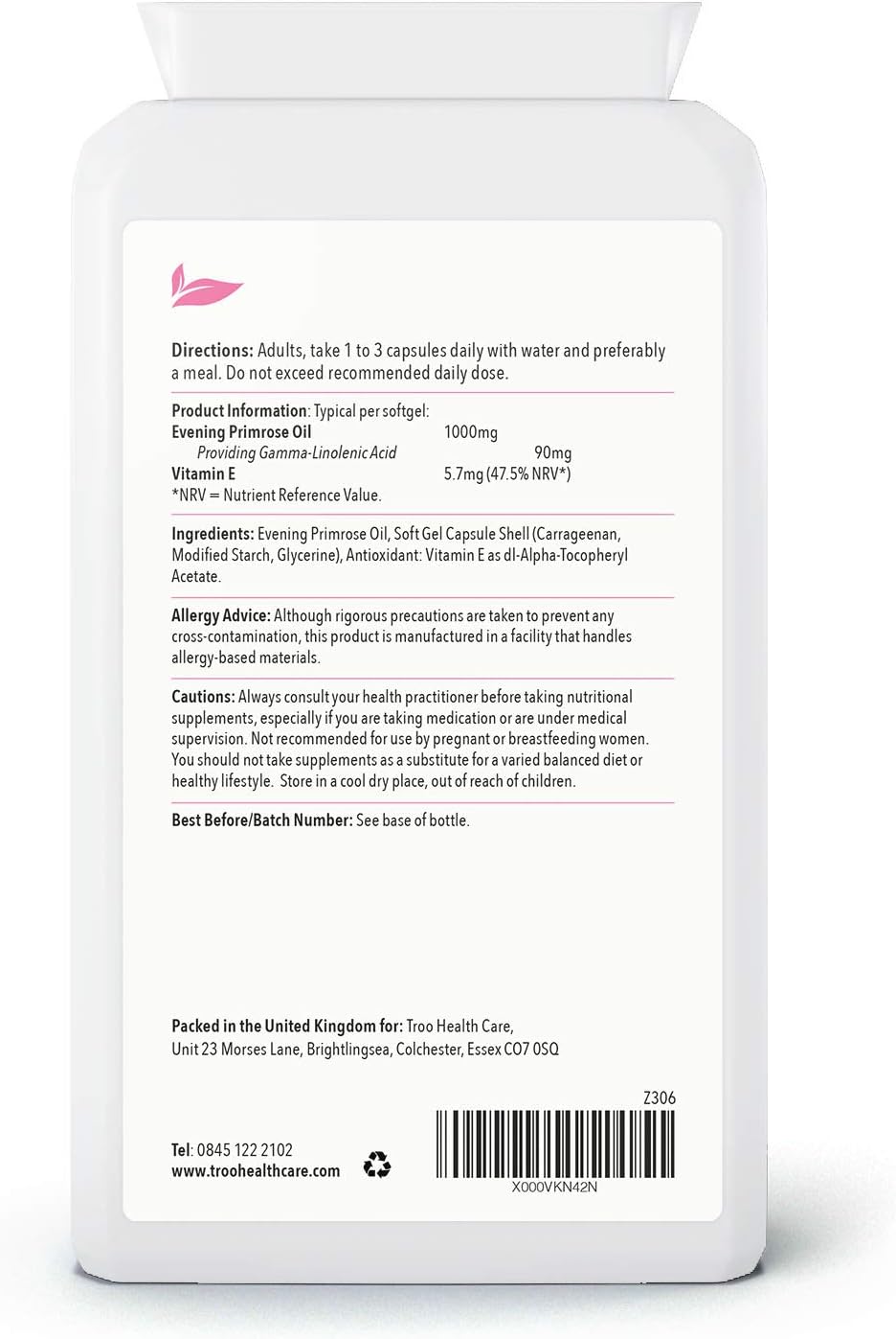 Troo Vegan Evening Primrose Oil Capsules 1000mg - 90 Softgels in Conve
