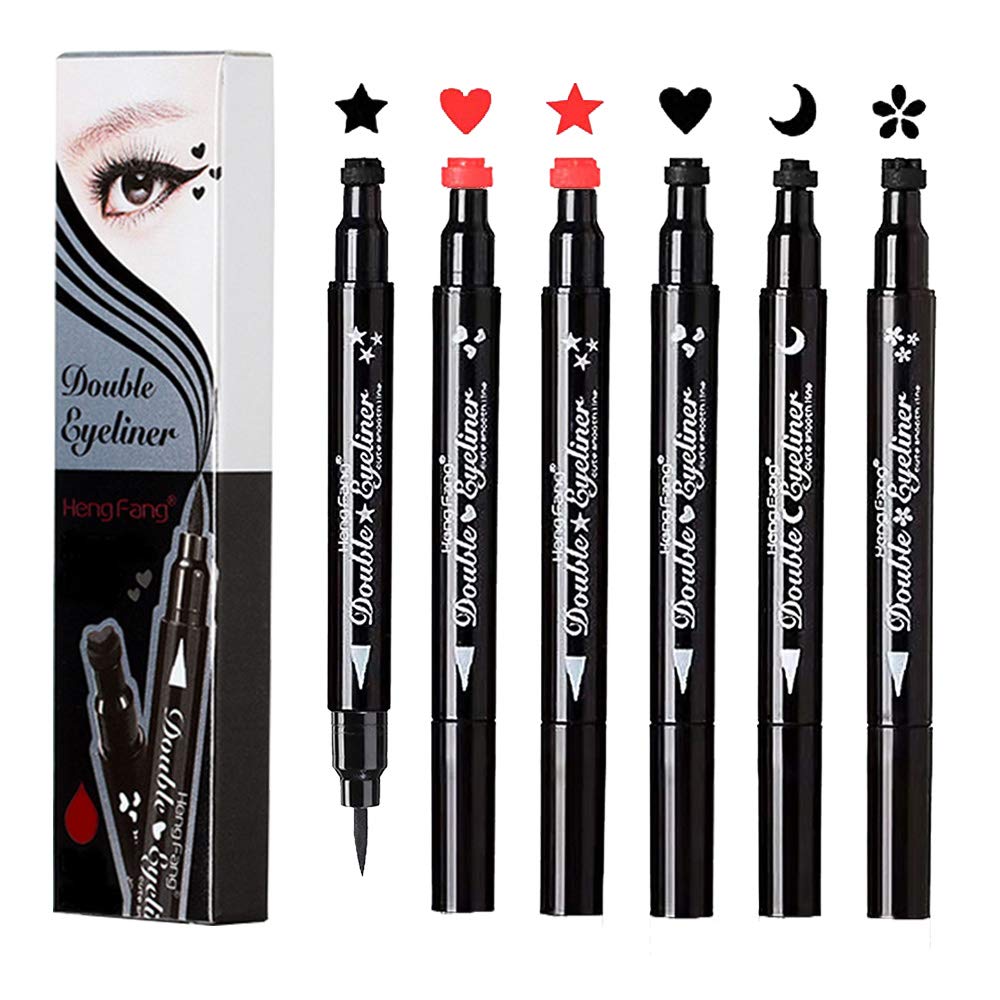 Mysense 6 Pcs Liquid Stamp Eyeliner,Double-sided Seal Eye Liners for Women Waterproof Eyeliner Pencil Eye-liner Stencils,With Black Color of owers Heart Moon Star and Red Color of Heart Star