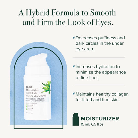 InstaNatural Hyaluronic Acid Eye Gel Cream, Hydrating Eye Cream for Puffiness, Dark Circles and Wrinkles with Vitamin C, Caffeine, Squalane and Peptides, Suitable for Sensitive Skin