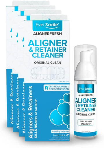 EverSmile AlignerFresh Original Clean - The Original Cleaning WhiteFoam On-The-Go Clear Retainer Cleaner for Invisalign, Dentures, ClearCorrect, Essix, Vivera & Hawley Trays/Aligners. (50 - 4 Pack)