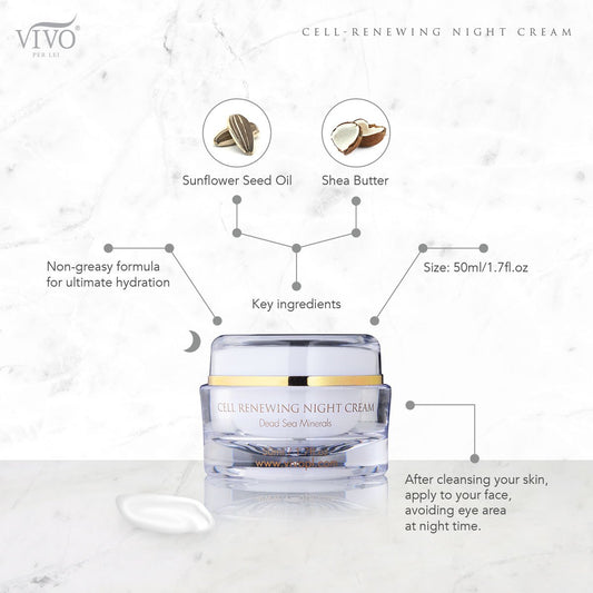 Vivo Per Lei Dead Sea Night Cream - Anti Aging Night Cream for Face - 1.7 . - Moisturizing Night Cream with Shea Butter - Night Facial Cream for Youthful Skin - Cell Renewal Night Cream