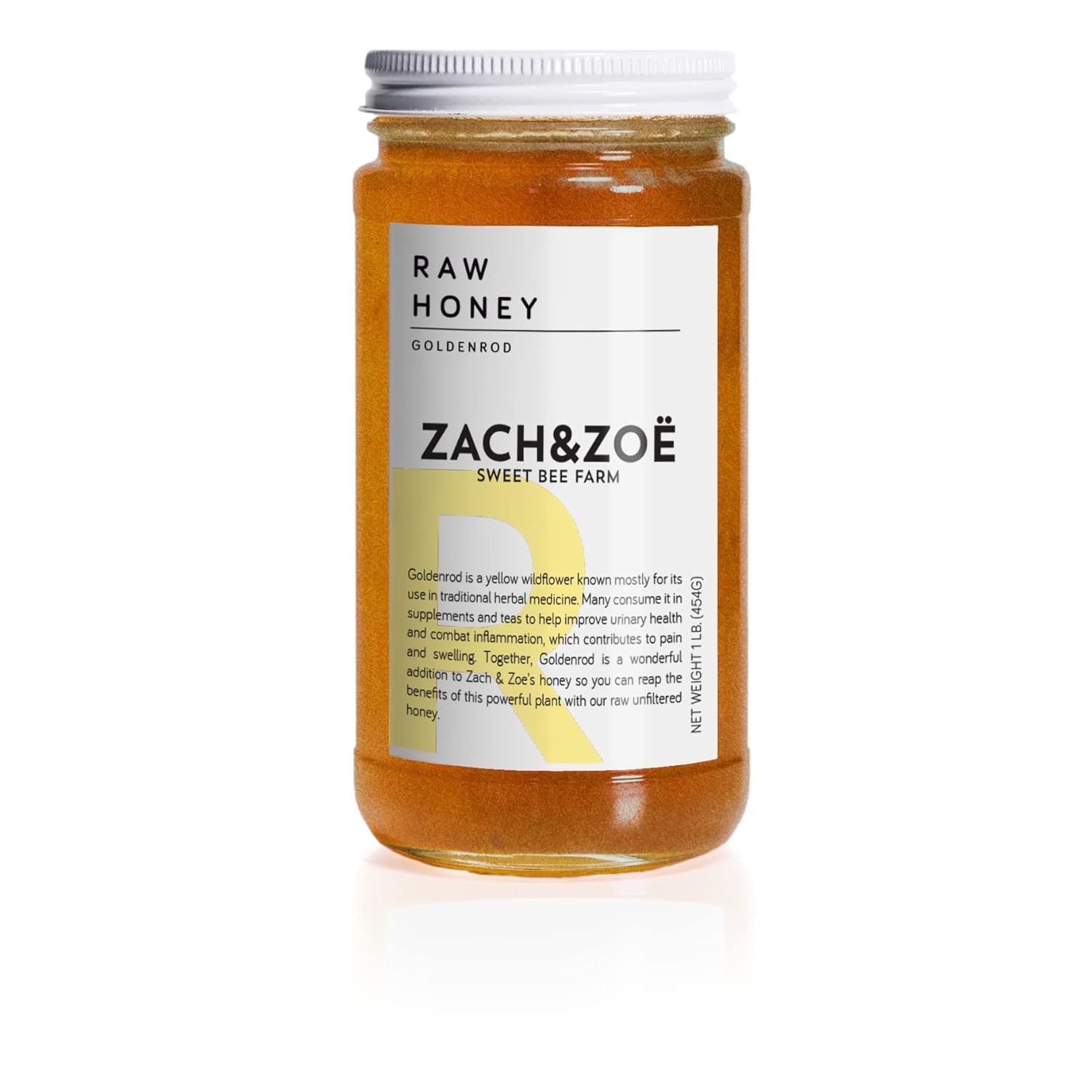 Unfiltered Raw Honey by Zach & Zoe Sweet Bee Farm – (1) 16 Ounce Jar of Goldenrod Honey - Pure Farm Raised Honey with Po