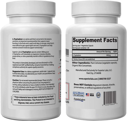 Superior Labs – Pure L-Tryptophan – 500mg, 120 Vegetable Capsules – Non-GMO Dietary Supplement for Restful Sleep & Relaxation – Supports Feelings of Well Being and Healthy Circulation Circulation