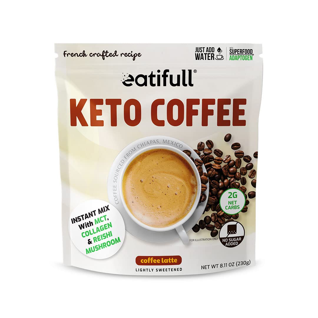Keto Coffee Latte - Instant Coffee with Collagen, MCT & Reishi Mushroom (0g Sugar Added) with Protein - Sweetened with Stevia