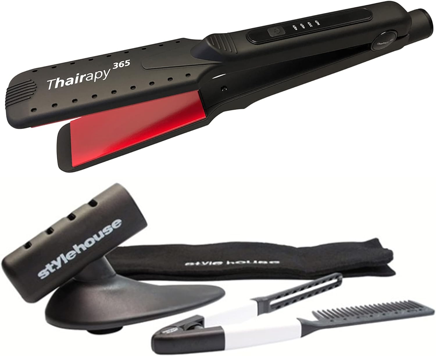 Thairapy 365 Wet or Dry Salon Quality at Iron Set ? 1.5 inch Extra Wide Styling Plates ? 450F to 140F Digital Temp Control - Professional Hair Straightener & Comb - Dual Voltage 110v-240v