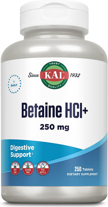KAL Betaine HCL with Pepsin, Digestive Health Supplement with 250mg Be
