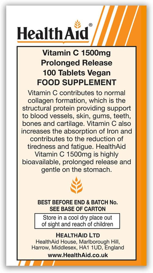 HealthAid Vitamin C 1500mg - Prolong Release - 100 Vegan Tablets

1.5 Grams