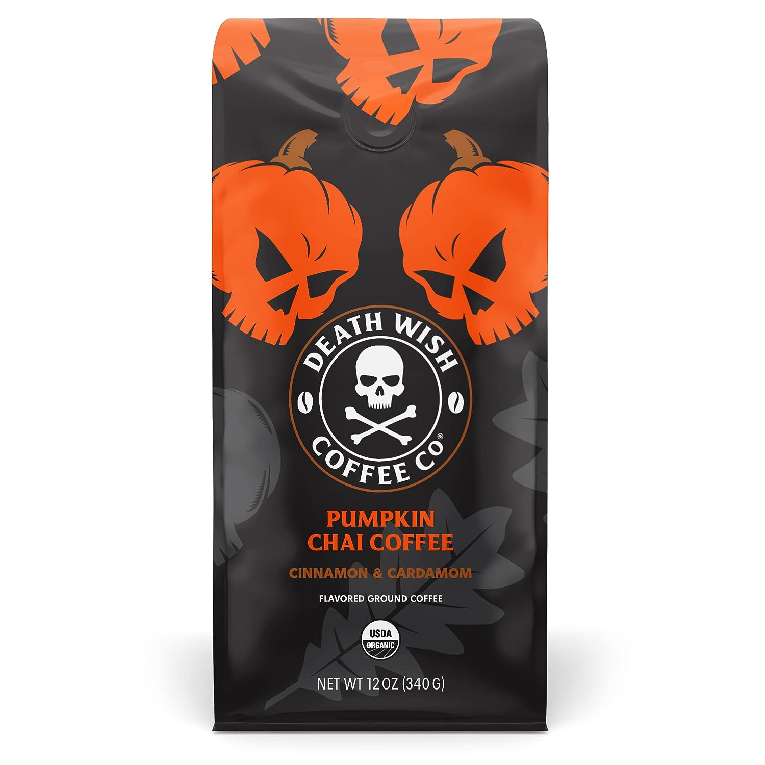 DEATH WISH COFFEE Organic Pumpkin Spice Dark Roast Coffee Ground Fair Trade, Arabica, Robusta, Chai, Cardamom, Cinnamon, and Ginger Infused Spices