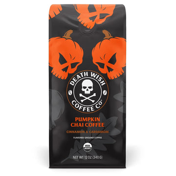 DEATH WISH COFFEE Organic Pumpkin Spice Dark Roast Coffee Ground Fair Trade, Arabica, Robusta, Chai, Cardamom, Cinnamon, and Ginger Infused Spices