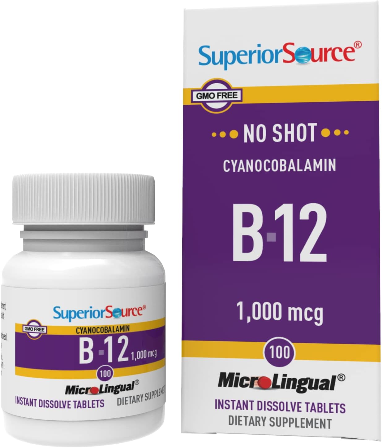 Superior Source No Shot Vitamin B12 Cyanocobalamin 1000 Mcg, Quick Dissolve Sublingual Tablets, 100 Count, B12 Supplemen