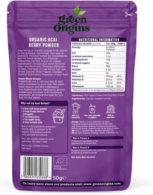 Green Origins Organic Acai Berry Powder, Freeze Dried, Raw 50g

