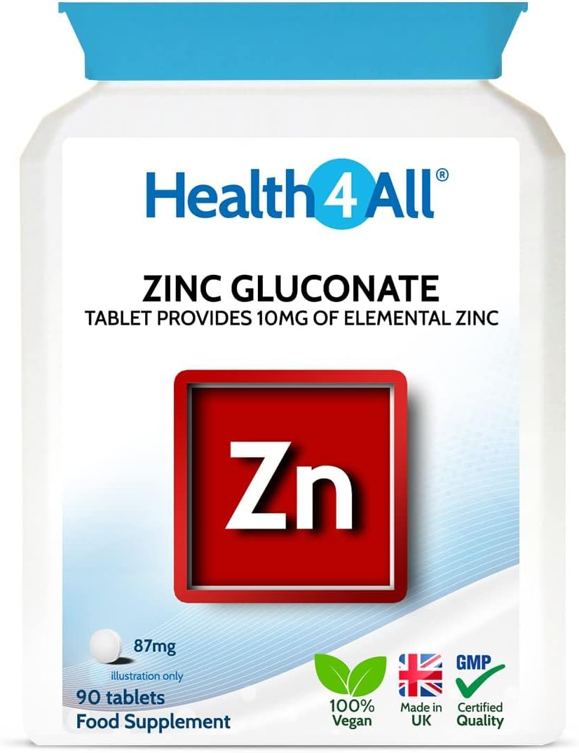 Health4All Zinc Gluconate 87mg 90 Tablets 100% NRV. Each Tablet Provid44 Grams