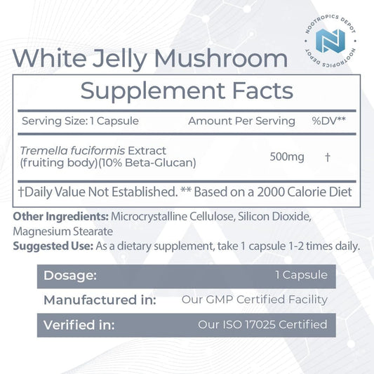 Nootropics Depot White Jelly Mushroom Capsules | 500mg | 60 Count | Tr