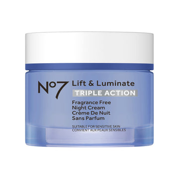 No7 Lift & Luminate Triple Action Fragrance Free Night Cream - Anti Wrinkle, Collagen Peptide Brightening Cream - Skin Firming Hyaluronic Acid & Hibiscus + Vitamin C Face Cream (50)