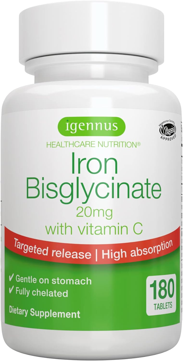 High Absorption Chelated Iron Bisglycinate 20mg with Vitamin C, Gentle