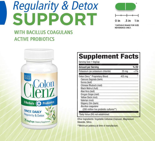 Body Gold Colon Clenz Regularity & Detox Formula | Once Daily Support With 9 Herbs + Active Probiotics | 75 Ct