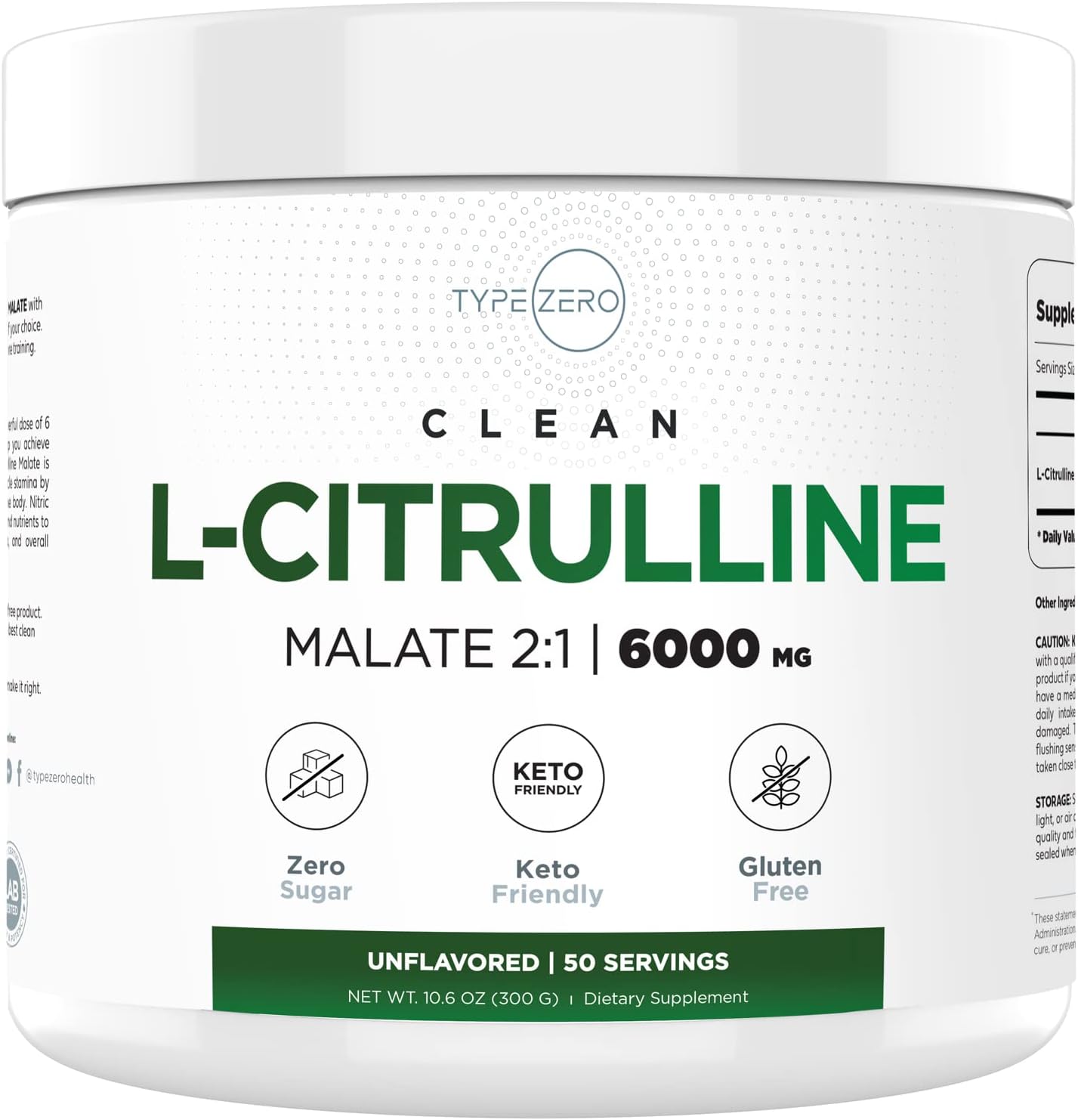 Type Zero L-Citrulline Malate Powder 2:1 6X (6000mg | Unflavored) Ultra Clean L Citrulline, Nitric Oxide Booster, Pre Wo