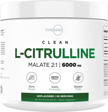 Type Zero L-Citrulline Malate Powder 2:1 6X (6000mg | Unflavored) Ultra Clean L Citrulline, Nitric Oxide Booster, Pre Wo
