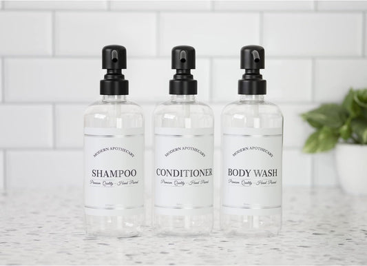 Clear Refillable Shampoo and Conditioner Bottles - Body Wash, Shampoo and Conditioner Dispenser - PET Plastic Shampoo Bottles Refillable with Pump - Waterproof Labels - 16 , 3 Pack (Black Satin)