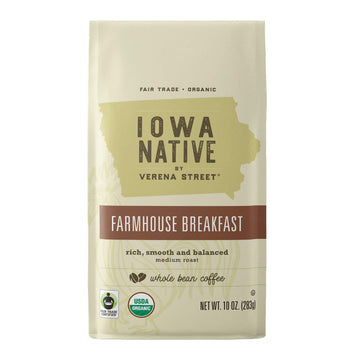 Iowa Native Fair Trade Organic Whole Bean Coffee, Farmhouse Breakfast Medium Roast